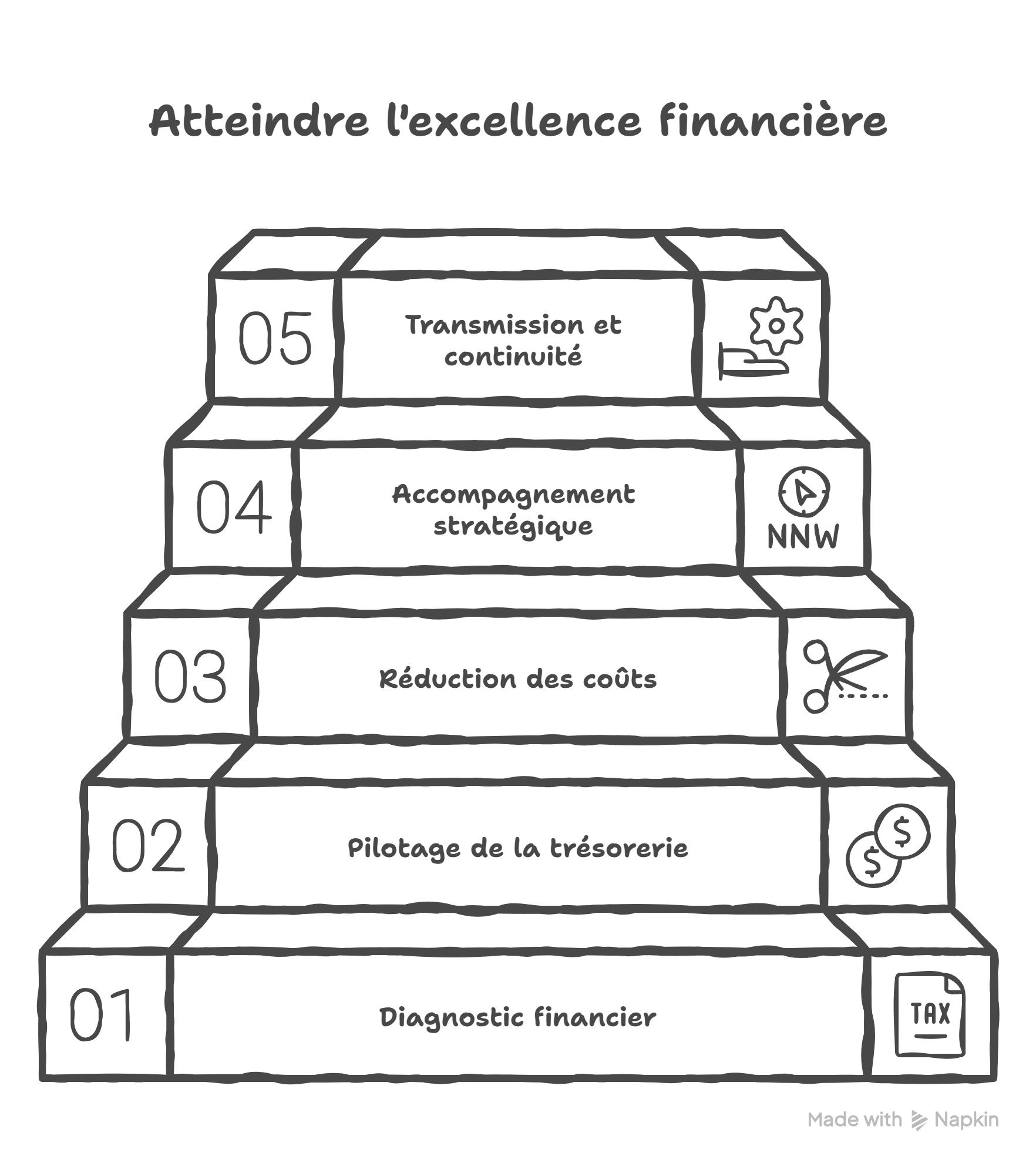 Infographie illustrant les cinq piliers de la mission d’un DAF de transition : diagnostic financier, pilotage de la trésorerie, optimisation des marges, accompagnement stratégique et transmission.