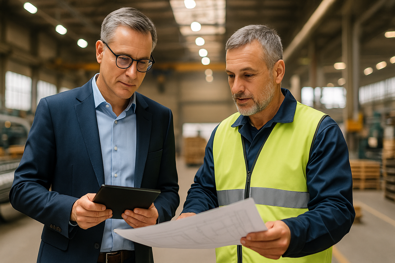 Directeur financier de transition pilotant la performance économique d’un site industriel, en échange avec un responsable de production.
