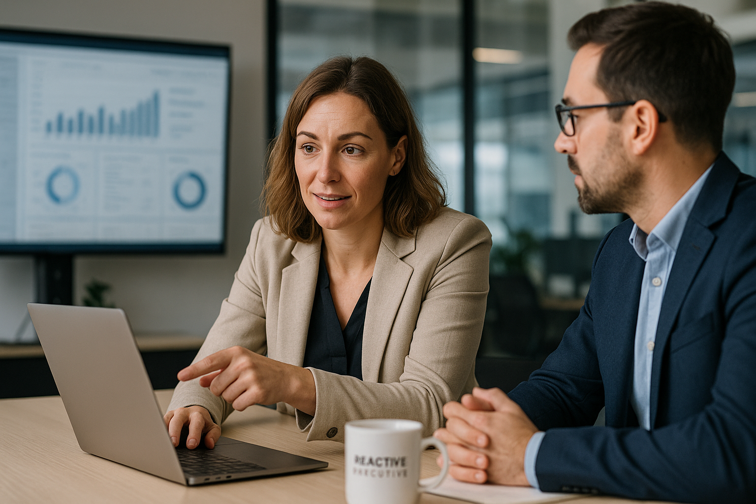 Manager de transition discutant d’un projet de digitalisation dans une entreprise d’assurance, symbolisant la transformation numérique du secteur.