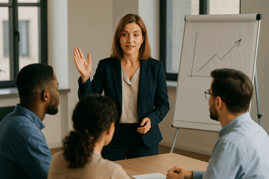 DRH de transition en réunion d’équipe, expliquant la stratégie de transformation RH à ses collaborateurs dans un bureau moderne et lumineux.