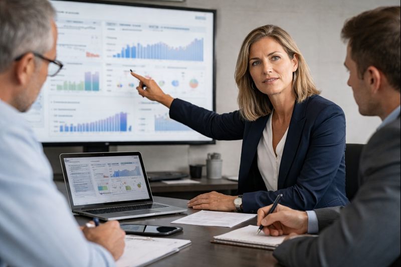 Manager de transition analysant des tableaux de bord de performance avec une équipe de direction en PME, afin de piloter les résultats et prendre des décisions rapides.